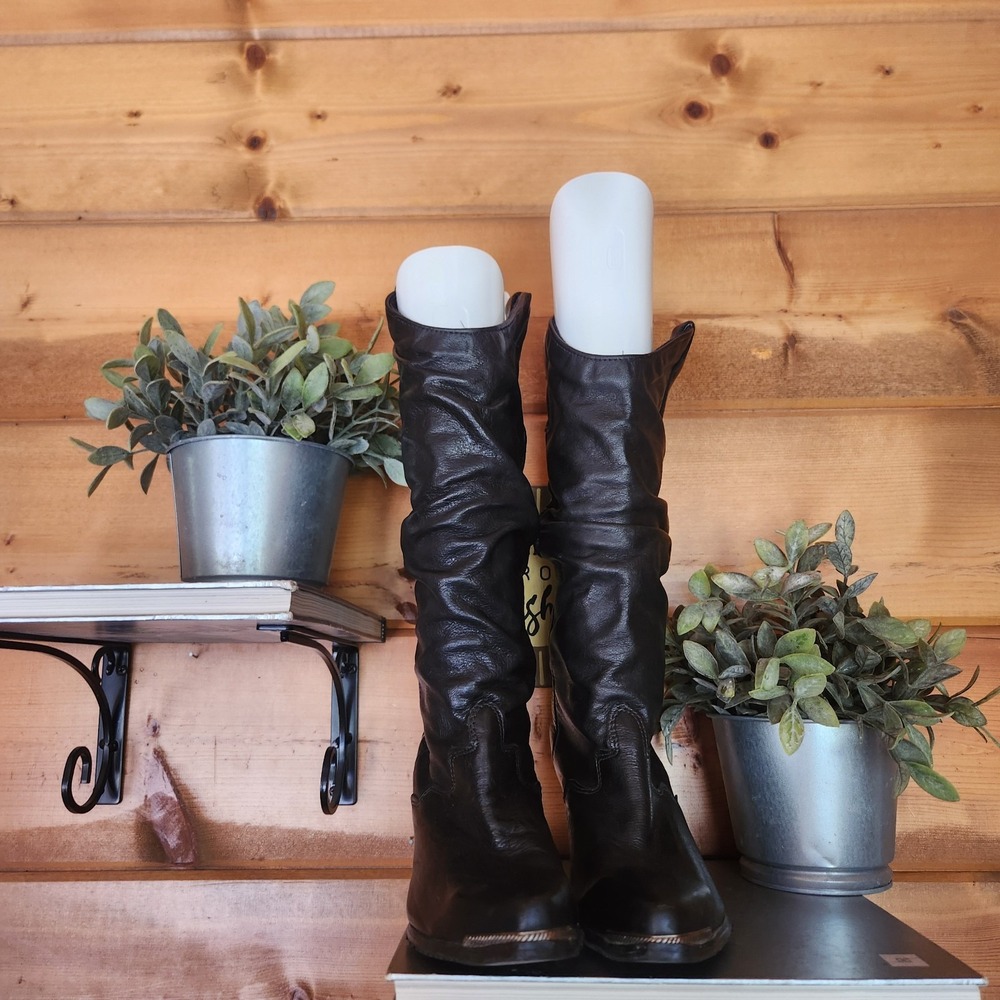 Vibram Sole Vintage Black Leather Western Slouch Heel Cowgirl Boots Festival 6M - Picture 5 of 9